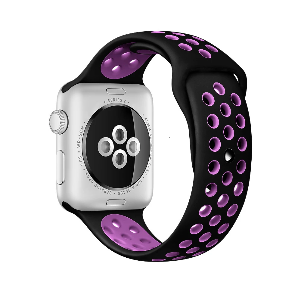 Black Purple Мягкий силиконовый браслет для Apple Watch 42 мм ремешок 44 мм дышащий iwatch серия 5 4 3 2 1 Замена 42 мм ремешок для часов 38 мм ремешок - Цвет ремешка: Black Purple