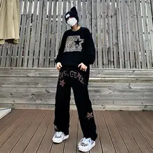 

Leopard Jeans Mens Print Star Embroidered Jeans High Street Fashion Loose Straight Trousers Vintage Black Wide Leg Denim Pants