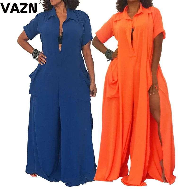 VAZN SMR9399 Blue Sexy Beach Popular Style Jumpsuits V-Neck Loose Wide Leg Pants Bandage Lady Maxi Solid Chiffon Romper