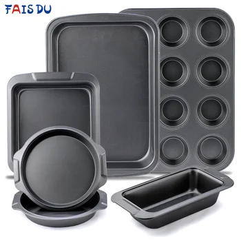 

6Pcs Bakeware Set Nonstick Carbon Steel Baking Bread Pan Cookies Sheet Layered Cake 12-Cup Muffin Round and Square Baking Pan