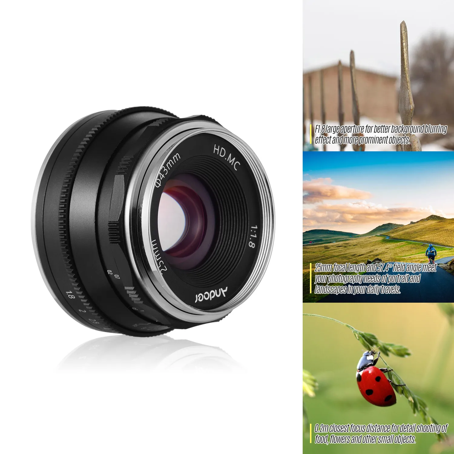 Andoer 25mm F1.8 Manual Focus Lens Large Aperture For Canon M1/ M2/ M3/ M5/ M6/ M10/ M100/ M50 EOS M-Mount Cameras