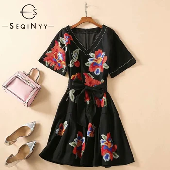 

SEQINYY Denim Dress 2020 Summer Spring New Fashion Design Women Flowers Embroidery Casual Black Mini Dress