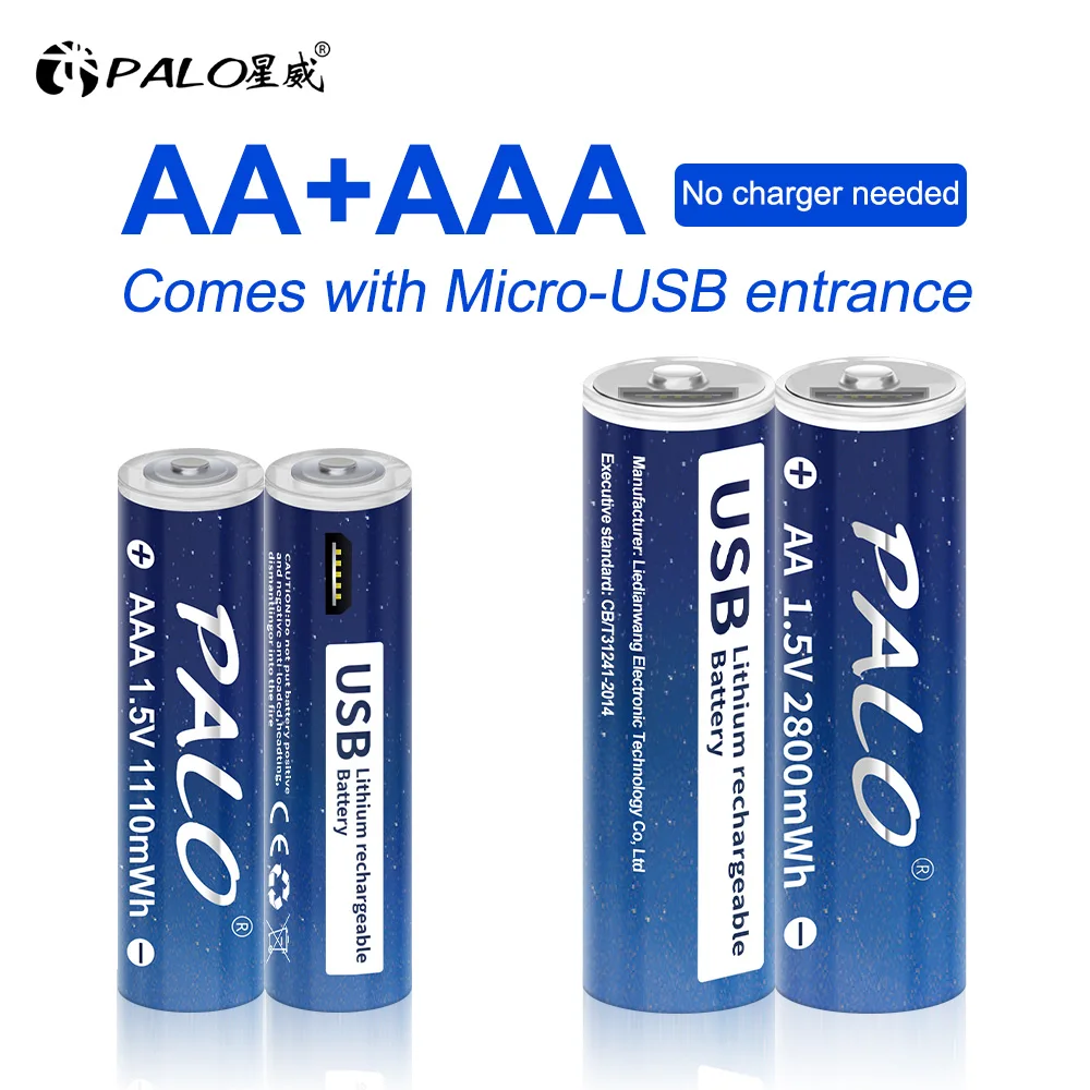 Batteria Ricaricabile Agli Ioni Di Litio Usb Palo 1.5V Aa 2800Mwh 1.5V Aaa Batterie Ricaricabili Al Litio Usb 1110Mwh Con Cavo Usb