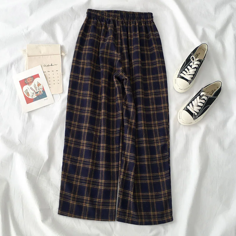 

Plaid Pants Female Korean Style Harajuku Boyfriends Wide Leg Pants Loose Vintage Casual Joggers Women Elastic Waist Capri
