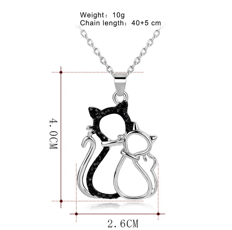 Exquisite Silver Plated Cat Necklace Cute Black Zircon Kitten Pendant Necklace Sweet Girls Daily Long Chain Women Jewelry Gifts