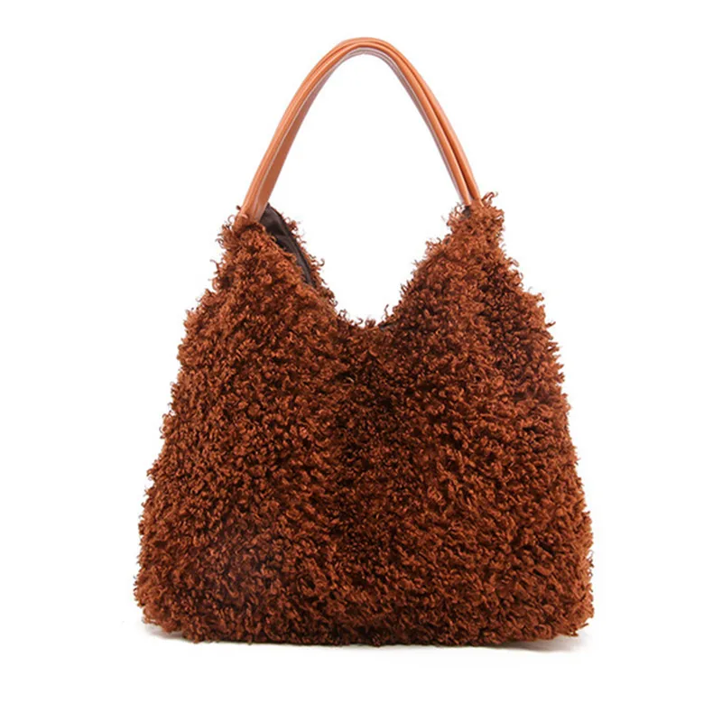 

Plush Women Hobos Bag Teddy Dog Color Female Small Handbag Autumn and Winter Style Ladies Shoulder Bags Convenient Shopping Bag