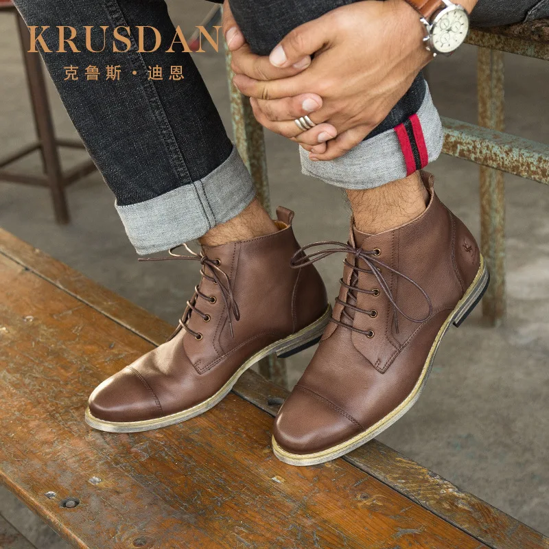 

KRUSDAN Men's Boot Short Boots England Hight-top Men's Leather Shoes Martin Boots Men Cowhide Casual Lace-up Leather Boot