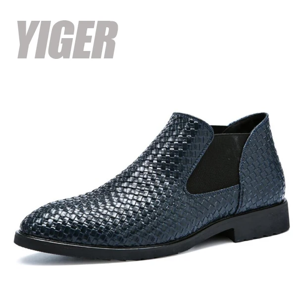 YIGER/Новинка; мужские ботинки челси; мужские ботинки ручной вязки; повседневные мужские больших размеров без шнуровки; мужские кожаные ботинки martins; 0358 - Цвет: blue Chelsea boots
