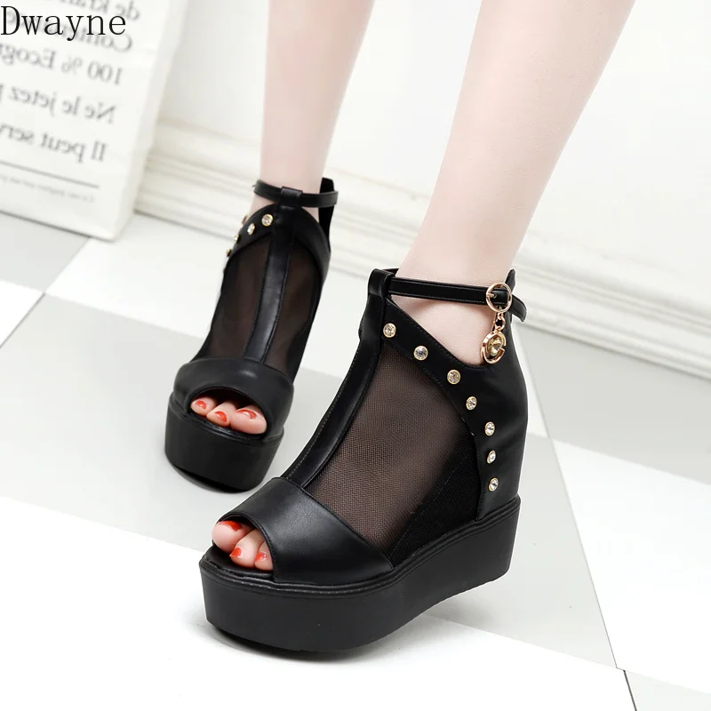 

Increased mesh gauze Korean version of the wild rhinestone super high heel fish sandals