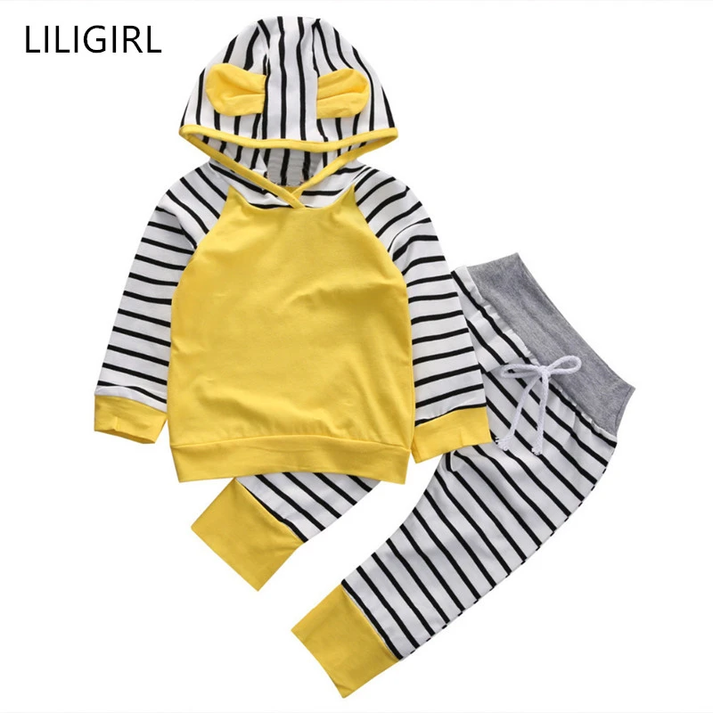 LILIGIRL для новорожденных; Комбинезон для маленьких мальчиков и девочек толстовка с капюшоном и штаны, в полоску с длинным рукавом для детей ясельного возраста, толстовка с капюшоном для малышей Детская осенняя одежда