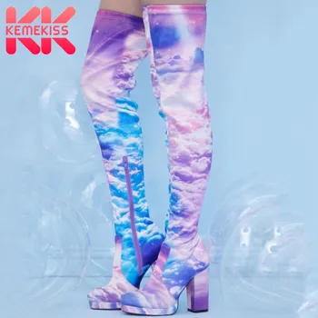 

KemeKiss Size 35-43 Women Over Knee Boots Fashion Platform Print High Heel Winter Shoes Woman Warm Stretch Boot Daily Footwear