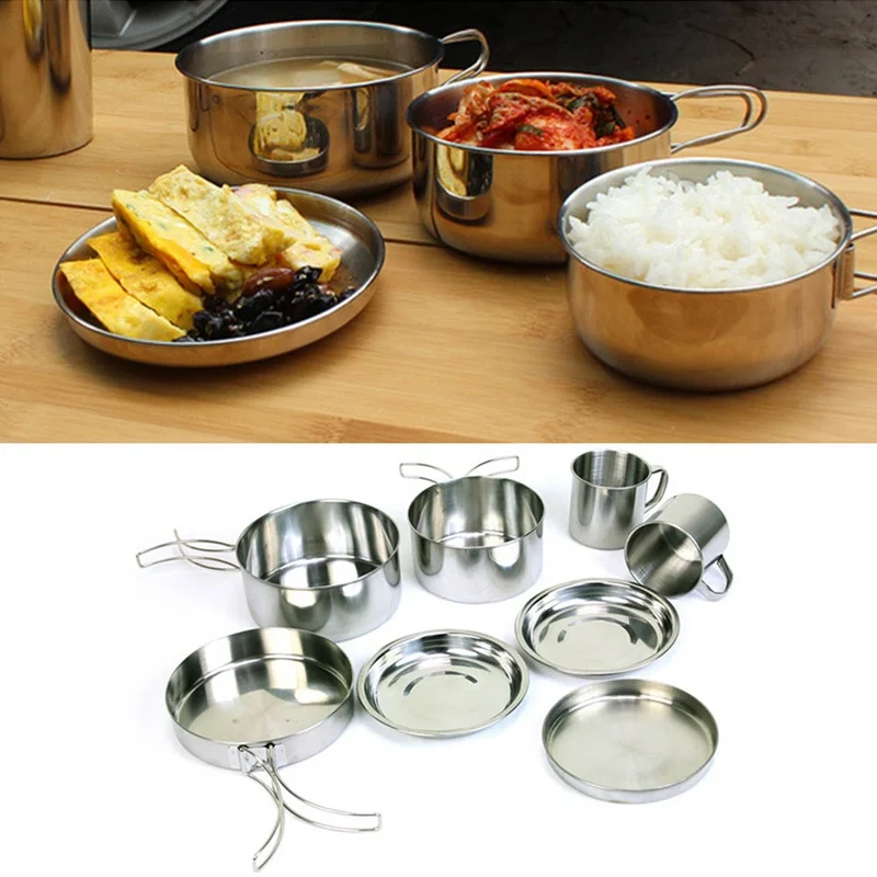New 8Pcs Outdoor Picnic Pot Pan Kit Stainless Steel Backpacking Cookware Plate Bowl Cup Pan Cover for Camp Hiking Cooking Set