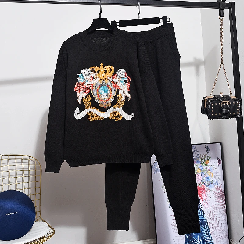 Осенний Новый спортивный костюм женский комплект модный вязаный свитер с