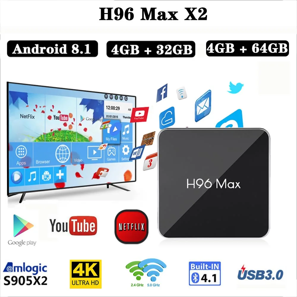 H96 MAX X2 Android TV Box S905X2 4G 64G 4K Set Top Box USB3.0 H265 3D BT4.0 Support Smart TV Netflix YouTube Google Store H96max