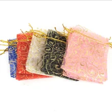 100pcs 9*12 cm Color Bronzing Rose Heart Love Jewelry Packing Pearl Yarn Bags Wedding Gift Bags  Snow Yarn Bag Mesh Bag Eyelash