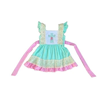

summer girls dress flutter sleeve princess dress cartoon print laceground with belt