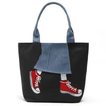 

10PCS / LOT Cute Denim Shoulder Bags Women's New Casual Leg Shoe Printed Tote Handbag Jean Travel Shopping Bag Mochila Bolsa