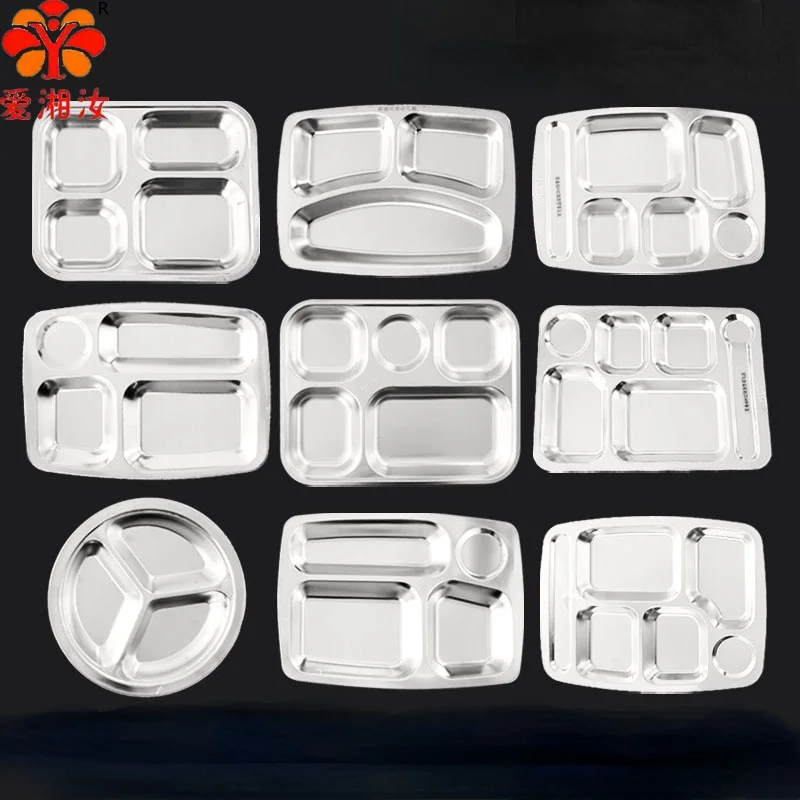 Stainless Steel Plate Children's Canteen Divided Plate Grown-up Rib Metal Cute Pupil Dishes Dinnerware Dinner Plates