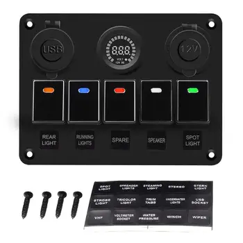 

Car Marine Waterproof Boat Rocker Switch Panel with Fuse Dual USB Slot LED Light Power Socket Breaker Voltmeter for RV Car Boat