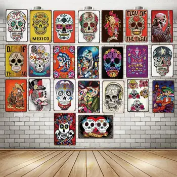 

Sugar Skull Metal Sign Shabby Chic Mexican Festival Day Of The Dead For Wall Poster Bar Tattoo Shop Art Home Decor DU-3239A