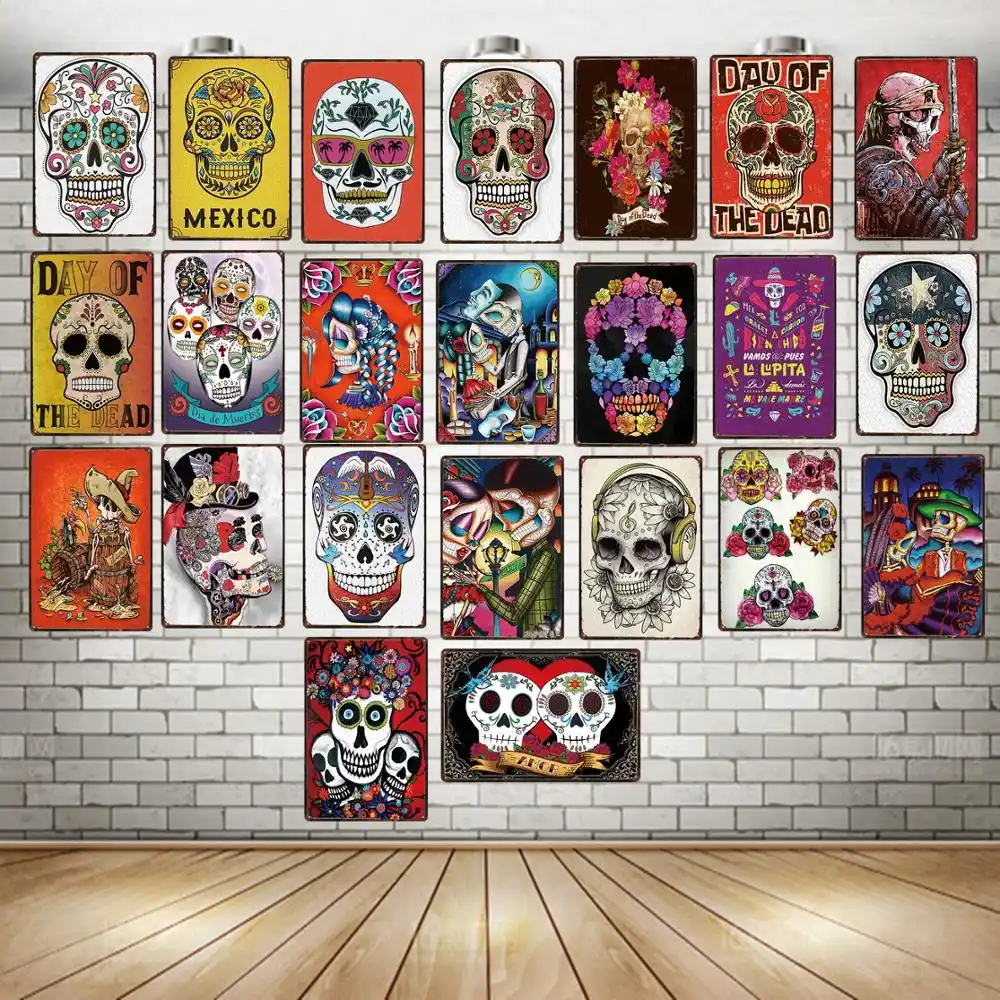 Sugar Skull Metal Sign Shabby Chic Mexican Festival Day Of The