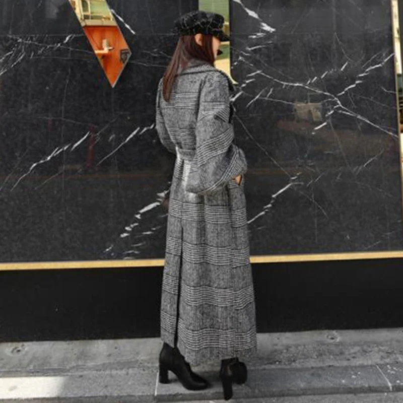 Новое осенне-зимнее шерстяное пальто в клетку для женщин X-long фонарь рукав большой размер шерстяная куртка женская утолщенная Свободная верхняя одежда A2903