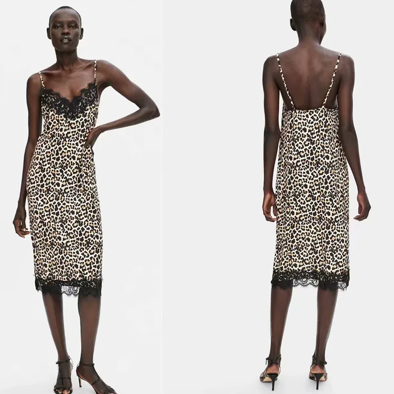 

Leopord Pattern Printed Camisole Medium-length Base Skirt Children Autumn And Winter New Style Lace Edge Joint Underwear-Style D