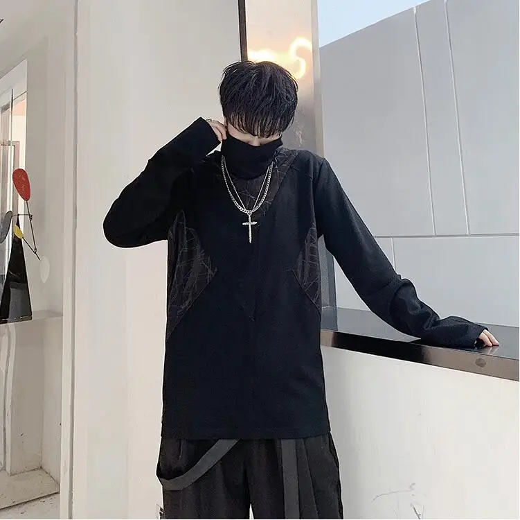 Harajuku супер высокие футболки с воротниками длинный рукав футболка мужская контрастная Футболка Горячая осень повседневные футболки Мужская брендовая одежда