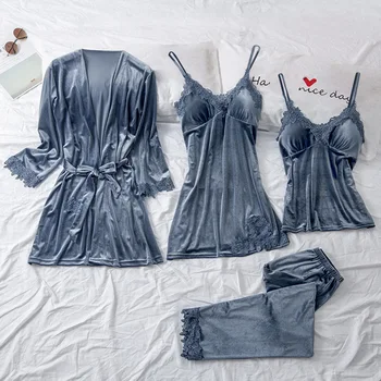 

Winter Velvet Pajamas Set for Women Soft Keep Warm Sexy Sleepwear 4PCs Full Sleeve Strap Nightgown Bath Robe Lingerie Suit