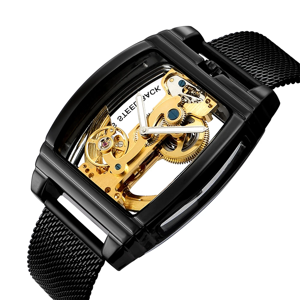 Классические модные автоматические механические наручные часы Мужские часы прозрачные часы из нержавеющей стали браслет сетчатый ремешок мужские часы