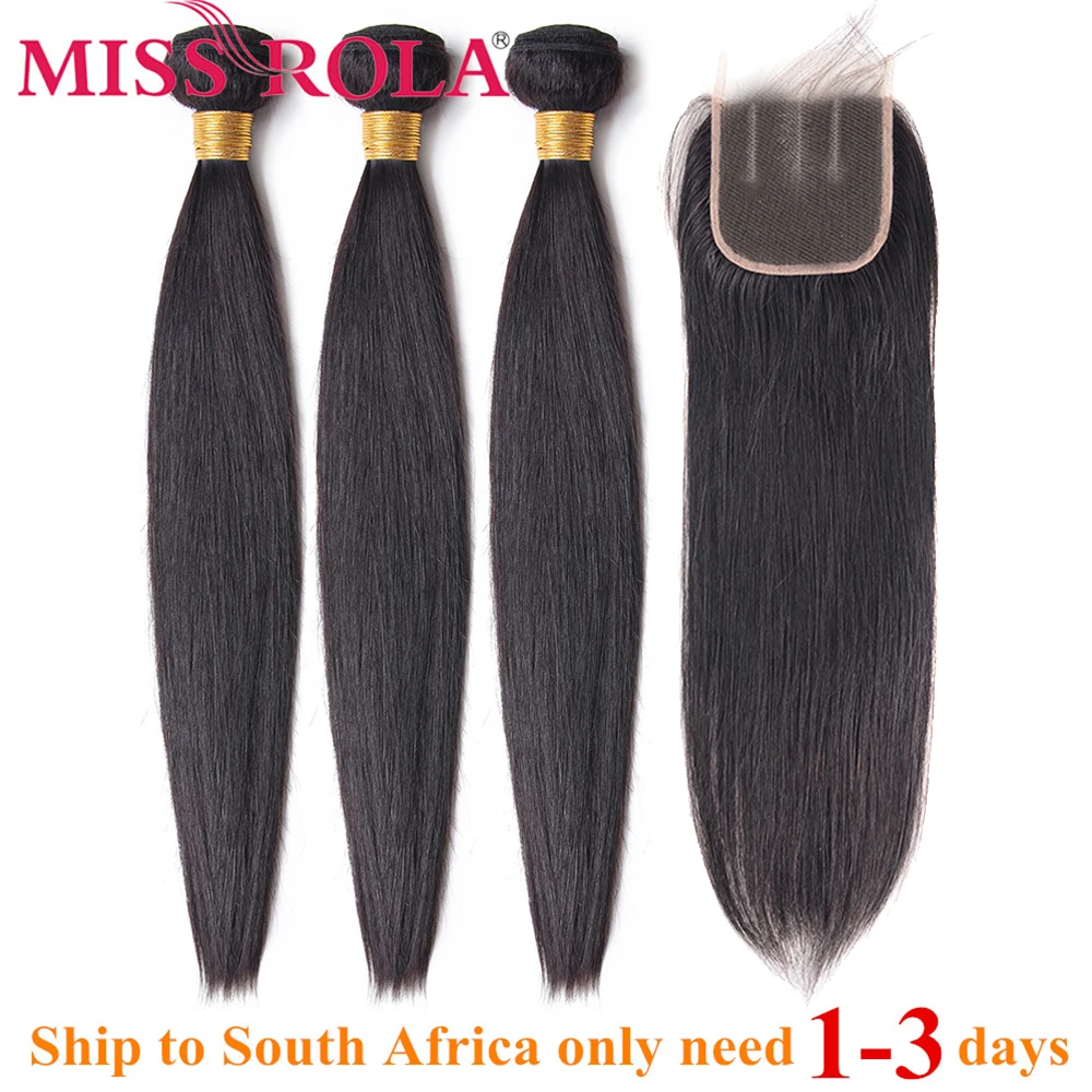 Baratos Miss Rola cabello liso peruano paquetes de cabello con cierre 100% cabello humano Color Natural no Remy 3 paquetes con cierre de 4*4