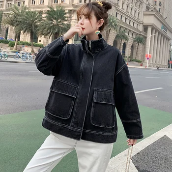

New Denim Jacket for Women 2020 Autumn Jacket Cotton Vintage Washed Zipper Denim Jacket Loose Long Sleeve Large Pocket Jacket