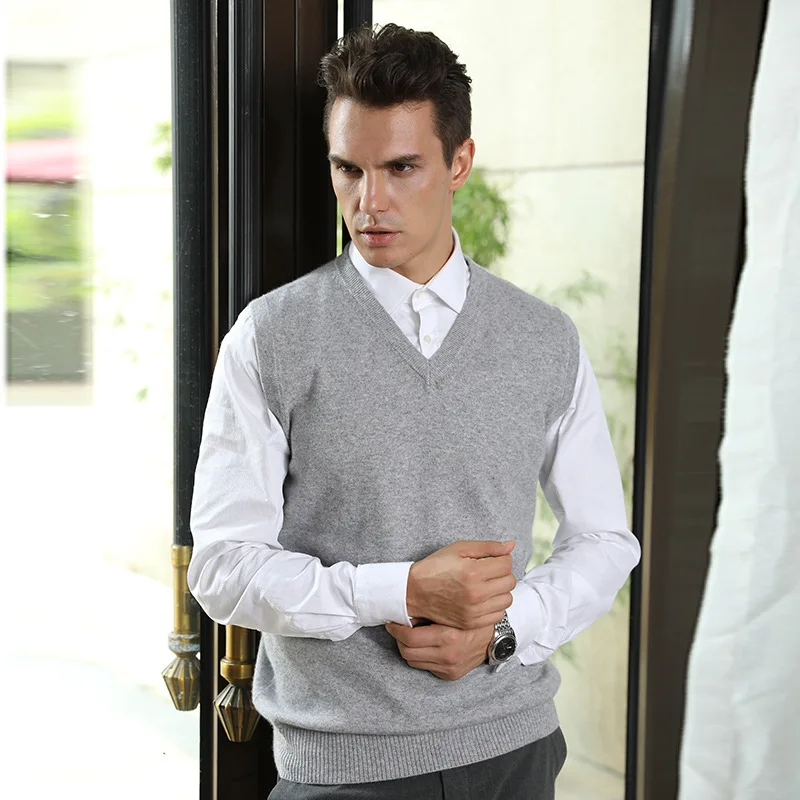 Специальное предложение повседневный деловой пуловер жилет мужской теплый жилет свитер из чистого кашемира без рукавов свитер с v-образным вырезом жилет