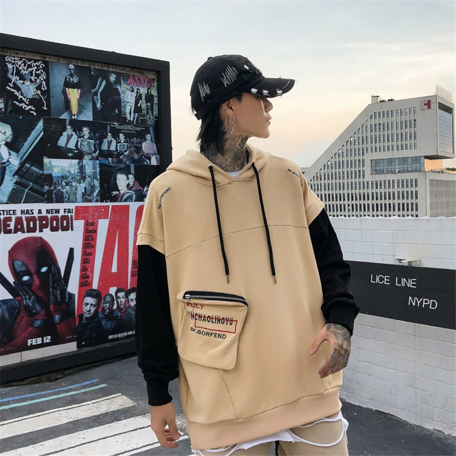Хип-хоп толстовки Толстовка для мужчин большой карман дизайн Harajuku уличная мода пуловер с капюшоном Осень Хип-хоп негабаритных WG505