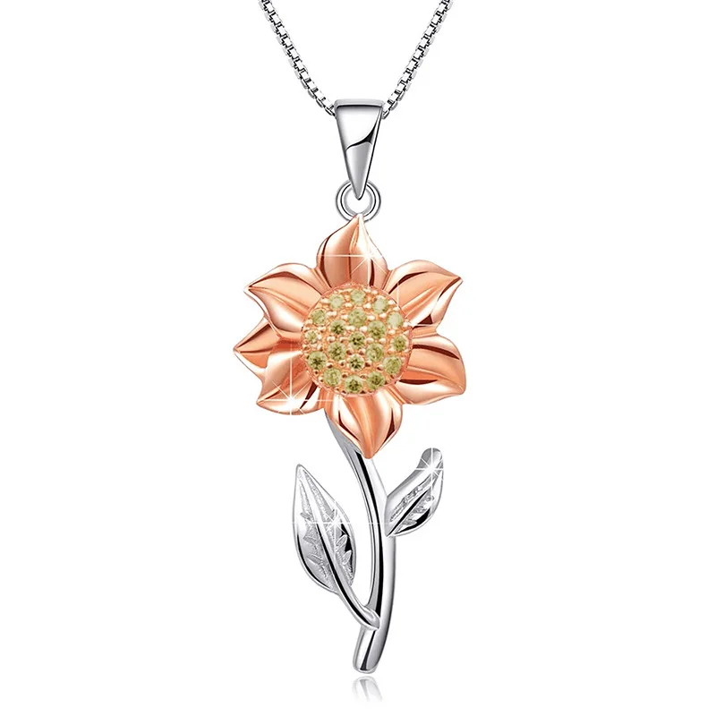 

925 Sterling Silver Sunflower Rose Gold Pendant Charm Clavicle Necklace Box Chain Necklace for Female New Fashion Jewelry
