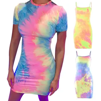 

Summer Sexy Women Tie Dye Spaghetti Strap Backless Bodycon Mini Pencil Dress