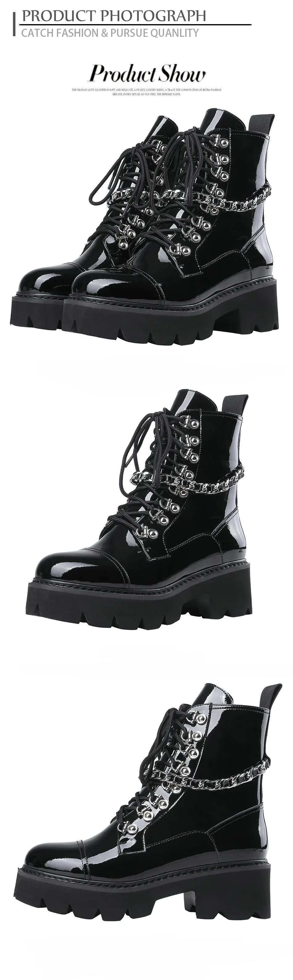 OLOMM/женские ботильоны из лакированной кожи, на каблуке, с галстуком, Рабочая обувь в армейском стиле черного цвета, осенняя пикантная обувь в готическом стиле, с цепочкой, высокое качество, AB-31