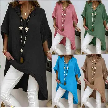 

New women's fashion irregular cotton linen V-neck mid sleeve dress