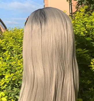 

Ombre Gray Synthetic Lace Front Wig For Women Long Straight Hair Heat Resistant Fiber Synthetic Wig Natural Hairline For Women