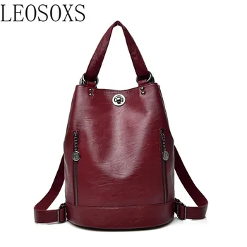 

LONOOLISA 3-in-1 Women Backpack Leather Shoulder Bag Female Rucksack High Capacity Women School Bags For Teenage Girls Mochila