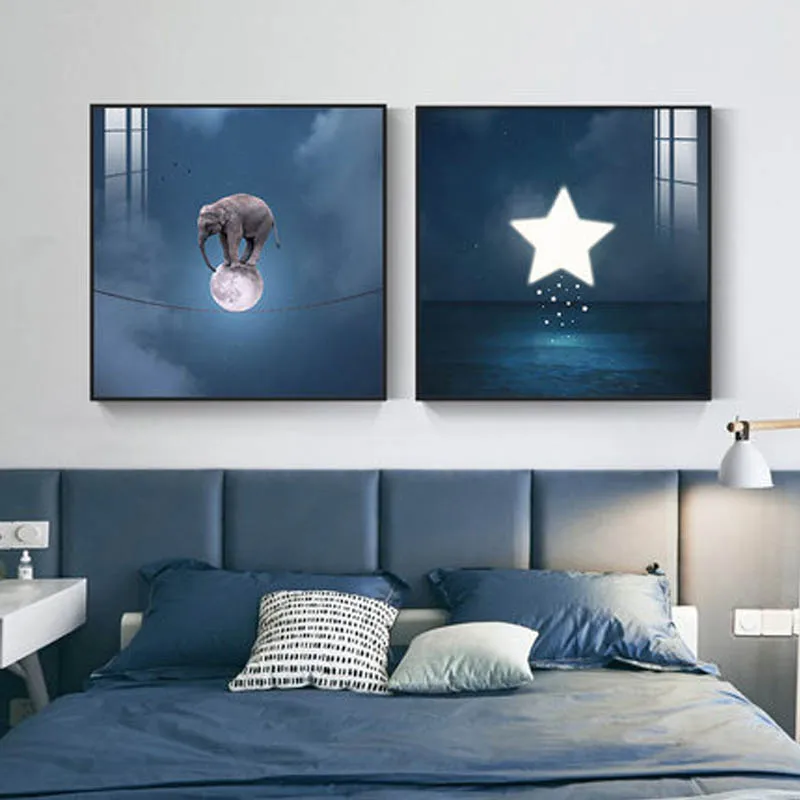 

Cartoon Abstract Canvas Poster Star Moon Elephant Wall Art Printing Kids Room Child Nursery Wall Decor Painting No Frame