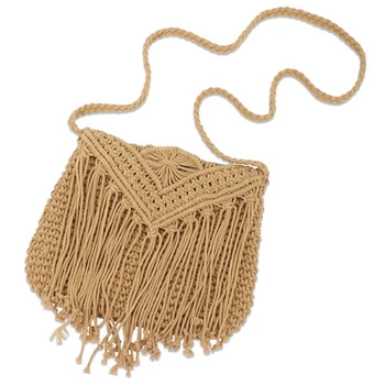 

Fashion Casual Straw Bag Hollow Tassel Beach Bag Flip Hand Woven Bag Cotton Rope Shoulder Bag Crossbody (Brown)