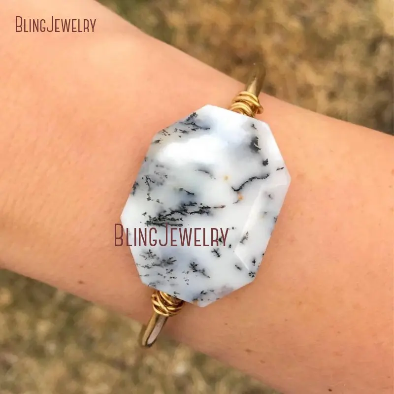 

BM11254 Dendrite Opal Bracelet Cuff White Marble Stone s Bohemian Dendritic Octagon Cut Chunky Bangle