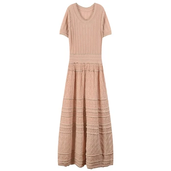 

Runway Shiny Ruffles Women Dress Daily Office Lady Hollow Out Maxi Vestidos Summer Holiday Slim Ladies Knitted Dresses Long