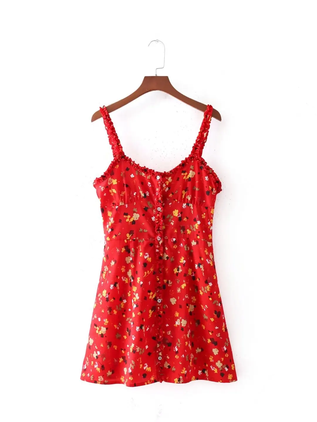 

2018 Spring And Summer Europe And America Red Small Floral Printed Front Buckle Strapped Dress Exposed Back Short Skirt Women's