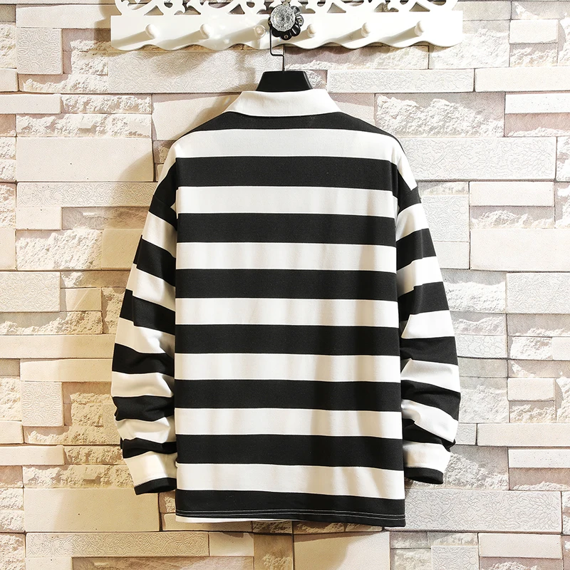 Contrast Striped Polo Shirt Men Cotton Long Sleeve Casual Tees Homme Autumn Regular Fit Men Polo Shirt Plus Size
