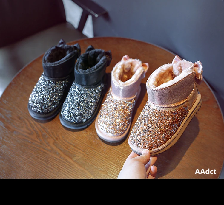 AAdct/Сапоги для маленьких девочек; новые модные зимние сапоги для маленьких детей; брендовая теплая детская обувь принцессы с блестками и хлопковым мехом