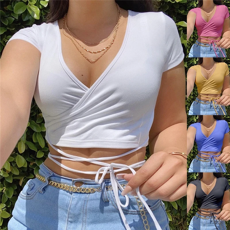 2020 verano sólido V cuello T camisa corta de las mujeres de manga corta Tops Crop Tops para mujer Casual Tops camisetas Camisas blanco rosa