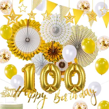 

11pcs Kids Birthday Party Decorations Hanging Gold Star Garland Latex Balloons Paper Fans Cake Topper Baby Shower Party Supplies