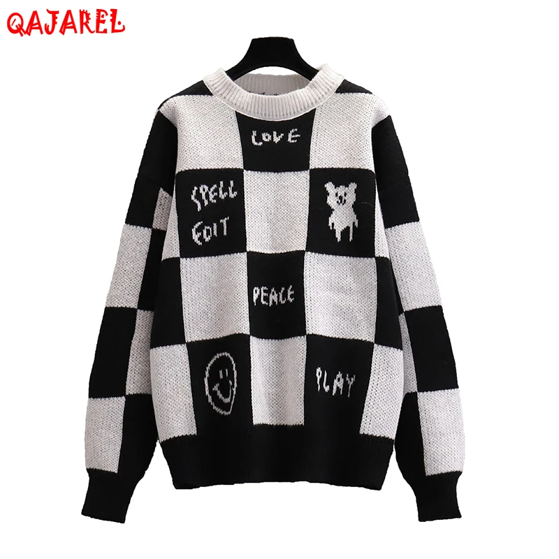 

Women Black Plaid Knitted Cottom Pullovers Autumn Winter Korean Vintage Casual Coat Sweaters 2023 Elegant Bodycon Top Sweaters